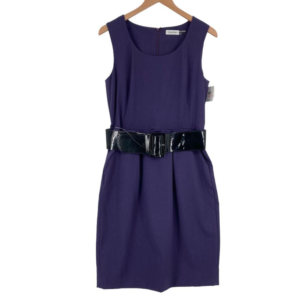 Calvin Klein Sheath Dress Womens Size 10 Purple Round Neck Belted Back Zipper